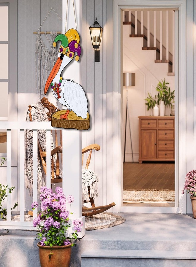 Yewfold Mardi Gras Front Door Sign Decor New Orleans Carnival Pelican Wooden Hanging Sign Mardi Gras Wood Hanger Masquerade for Holiday Indoor Outdoor Wall Window Decoration - Image 5