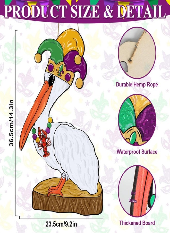 Yewfold Mardi Gras Front Door Sign Decor New Orleans Carnival Pelican Wooden Hanging Sign Mardi Gras Wood Hanger Masquerade for Holiday Indoor Outdoor Wall Window Decoration - Image 2