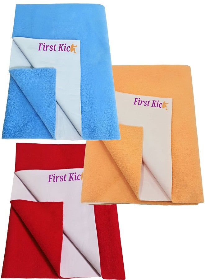 First Kick Waterproof Baby Bed Protector/Mattress Cotton Dry Sheet (100 cm X 70 cm) for Born Baby/Kids- (Ferozi,Peach,Red) - Medium, Pack of 3 - Image 1