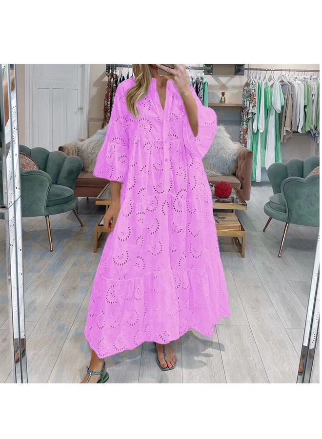 Women V-neck Trumpet Sleeve Lace Hollow Long Dress Loose Dress - Image 1