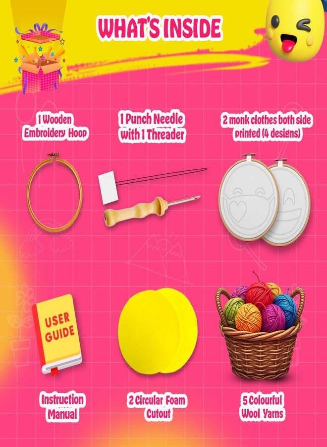 KREEDA DIY Punch Needle Art Kit Beginners, Emoji Embroidery DIY kit, with a Wooden 10*10' X Inch 4 designs printed monk clothes Woolen Yarns. Gifts for Girls & Boys Ages 6, 7, 8, 9, 10, 11, 12 (Punch Needle Emoji) - Image 5