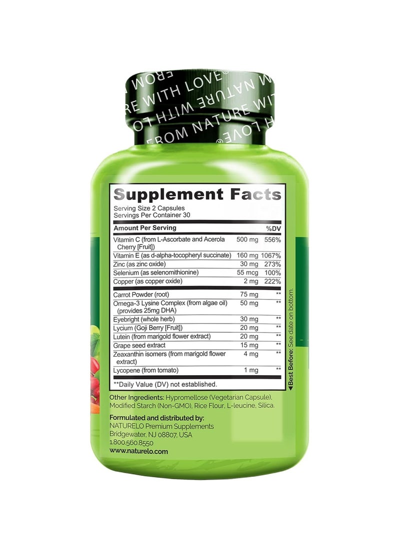NATURELO - Eye Health with AREDS 2 Nutrients +Blue Light Defenae With 20mg Lutein to support Eye Health with Lutein, Zeaxanthin, & Omega-3 Dietary Supplement 60 Vegetarian Capsules - Image 1