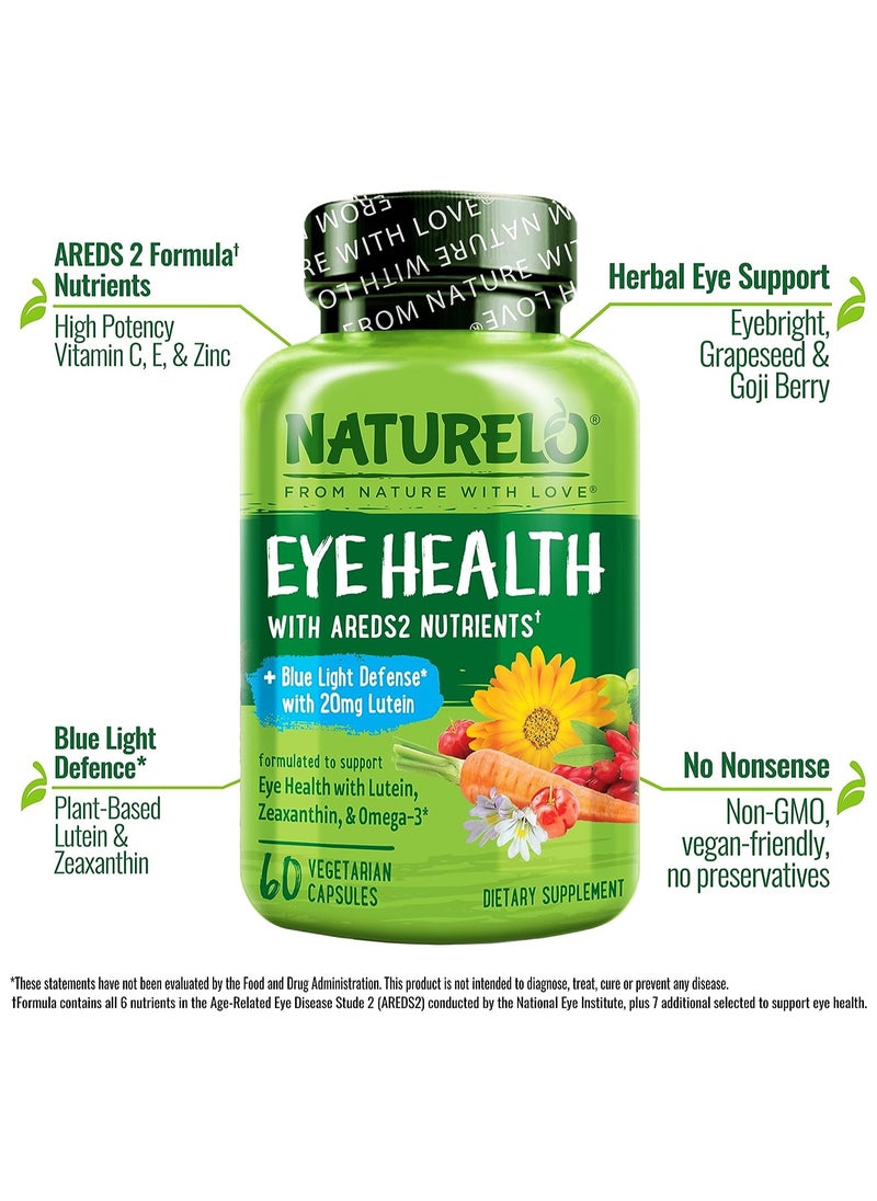 NATURELO - Eye Health with AREDS 2 Nutrients +Blue Light Defenae With 20mg Lutein to support Eye Health with Lutein, Zeaxanthin, & Omega-3 Dietary Supplement 60 Vegetarian Capsules - Image 1