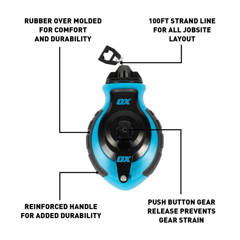 OX Tools Professional Chalk Line Reel & Chalk Powder Combo Pack, 6-to-1 gear ratio, 100' 8 Strand Strong compact chalk line and Blue Chalk Powder | P503502 - Image 2