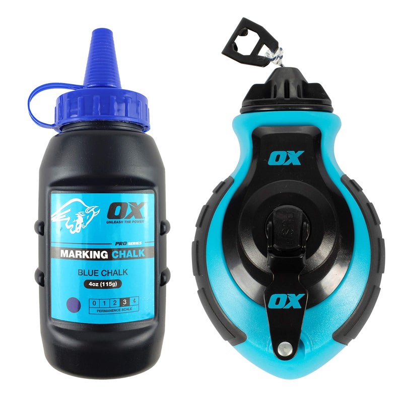OX Tools Professional Chalk Line Reel & Chalk Powder Combo Pack, 6-to-1 gear ratio, 100' 8 Strand Strong compact chalk line and Blue Chalk Powder | P503502 - Image 1