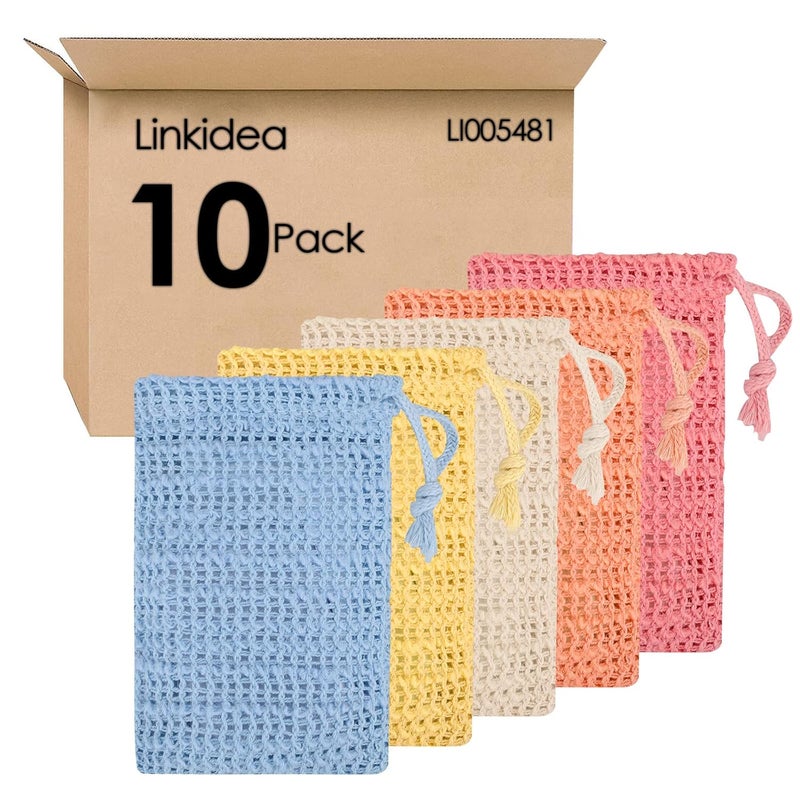 Linkidea 10 Pack Exfoliating Soap Bag Bulk Pack Wholesale MultiPack Color Flax Soap Saver Pouch with Drawstring Exfoliator Body Scrubber Soap Pocket Holder for Bath Shower