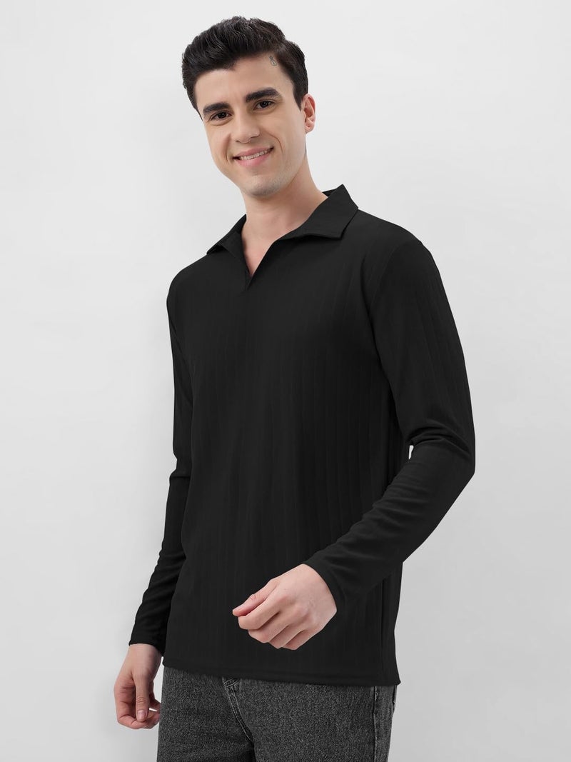 KAJARU Men's Ribbed Knit Polo T-Shirt, Long Sleeve (in, Alpha, 2XL, Black) - Image 5