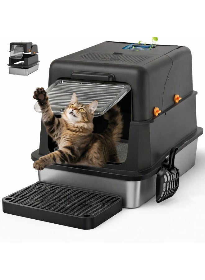 Extra Large Stainless Steel Cat Litter Box – High Sided Black Litter Pan 58x38x39cm, Anti-Splash & Easy to Clean - Image 1
