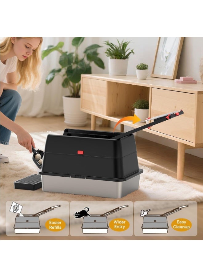Extra Large Stainless Steel Cat Litter Box – High Sided Black Litter Pan 58x38x39cm, Anti-Splash & Easy to Clean - Image 3