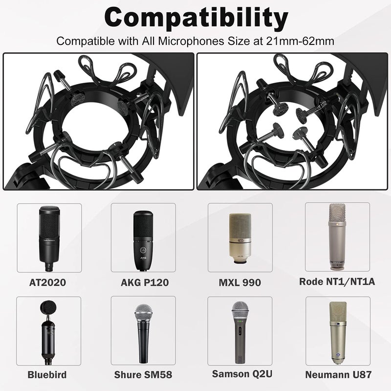 Mictop Universal Microphone Shock Mount with Pop Filter for All Microphones Size at 21mm-62mm, Includes Anti-Vibration Mic Holder and Pop Filter (Black) - Image 2