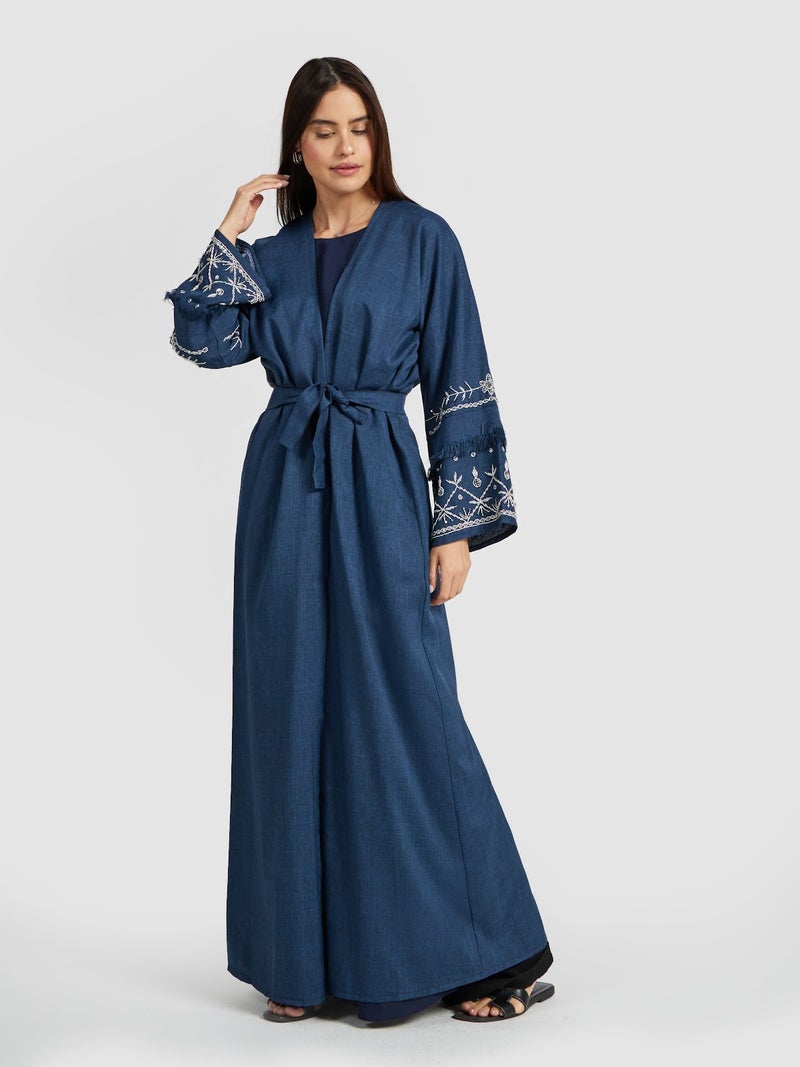 Reem Abayas Denim Blue Linen Abaya for Women - Floral Sleeve Modest Kimono - Image 2