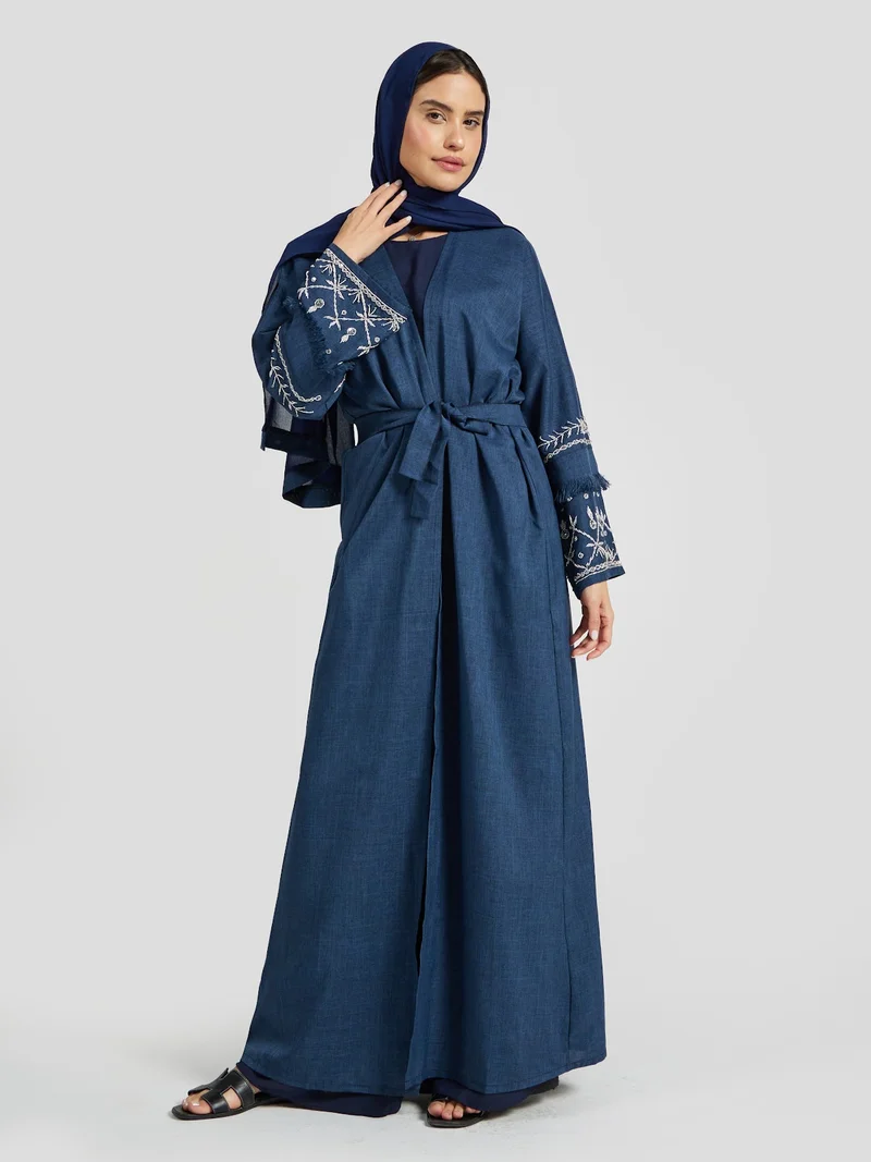 Denim Blue Linen Abaya for Women - Floral Sleeve Modest Kimono