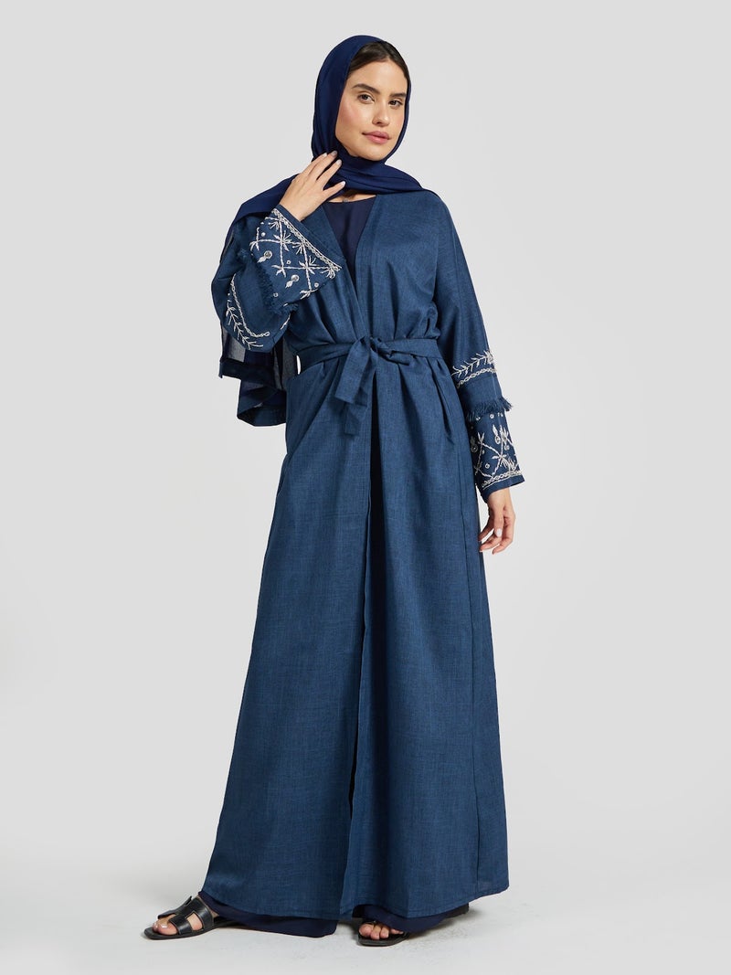 Reem Abayas Denim Blue Linen Abaya for Women - Floral Sleeve Modest Kimono - Image 1