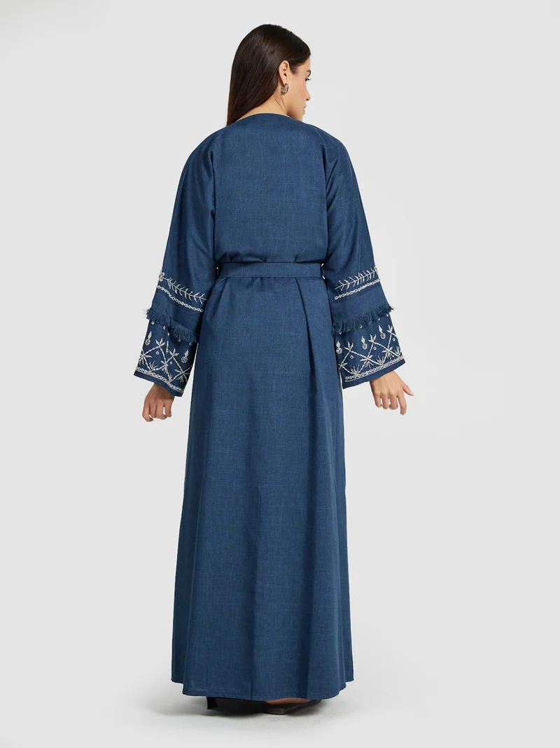 Reem Abayas  Denim Blue Linen Abaya for Women - Floral Sleeve Modest Kimono for Women | Best Price UAE