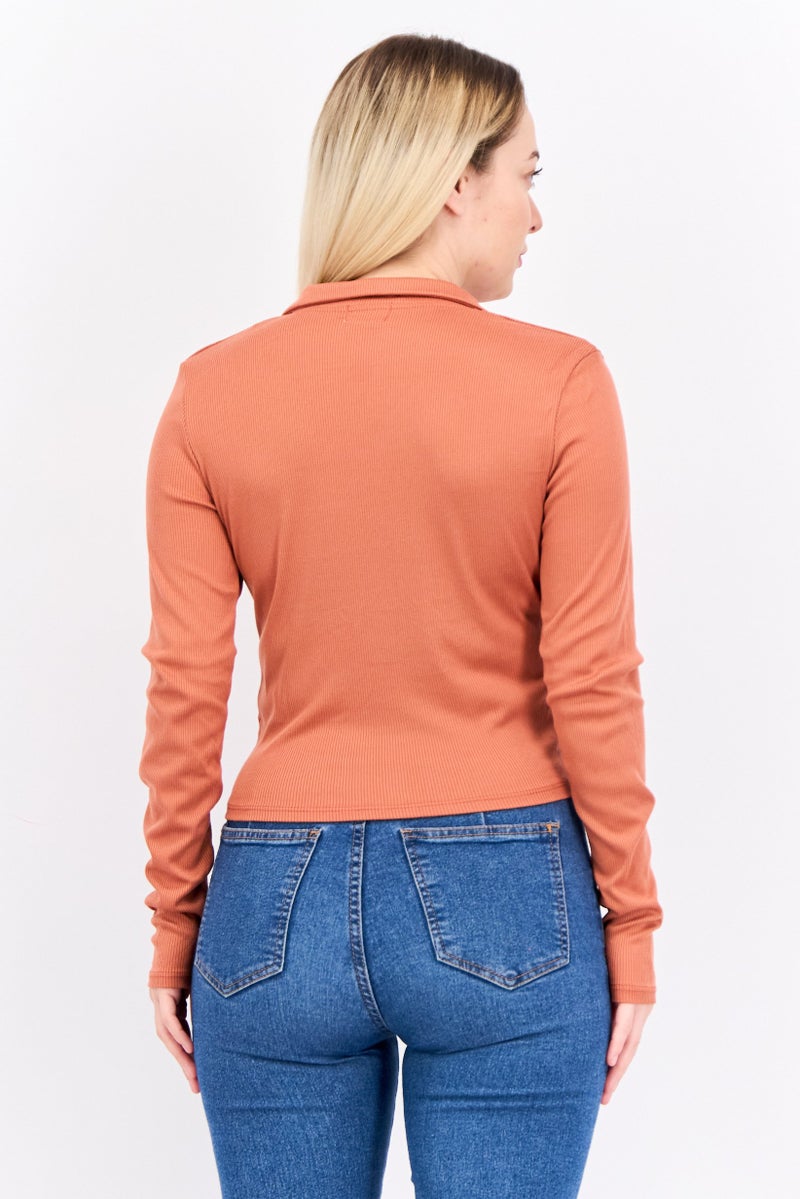 POOF Women Spread Collar Long Sleeve Textured Top, Rust - Image 3