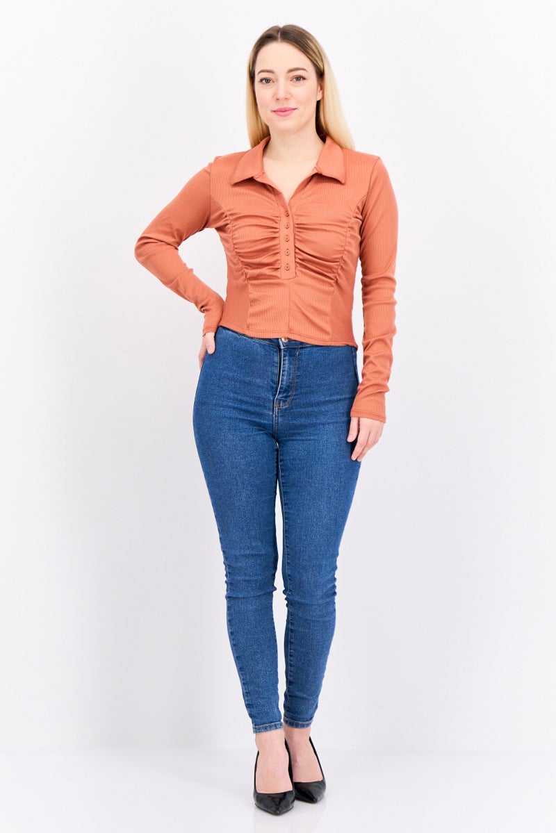 POOF Women Spread Collar Long Sleeve Textured Top, Rust - Image 2