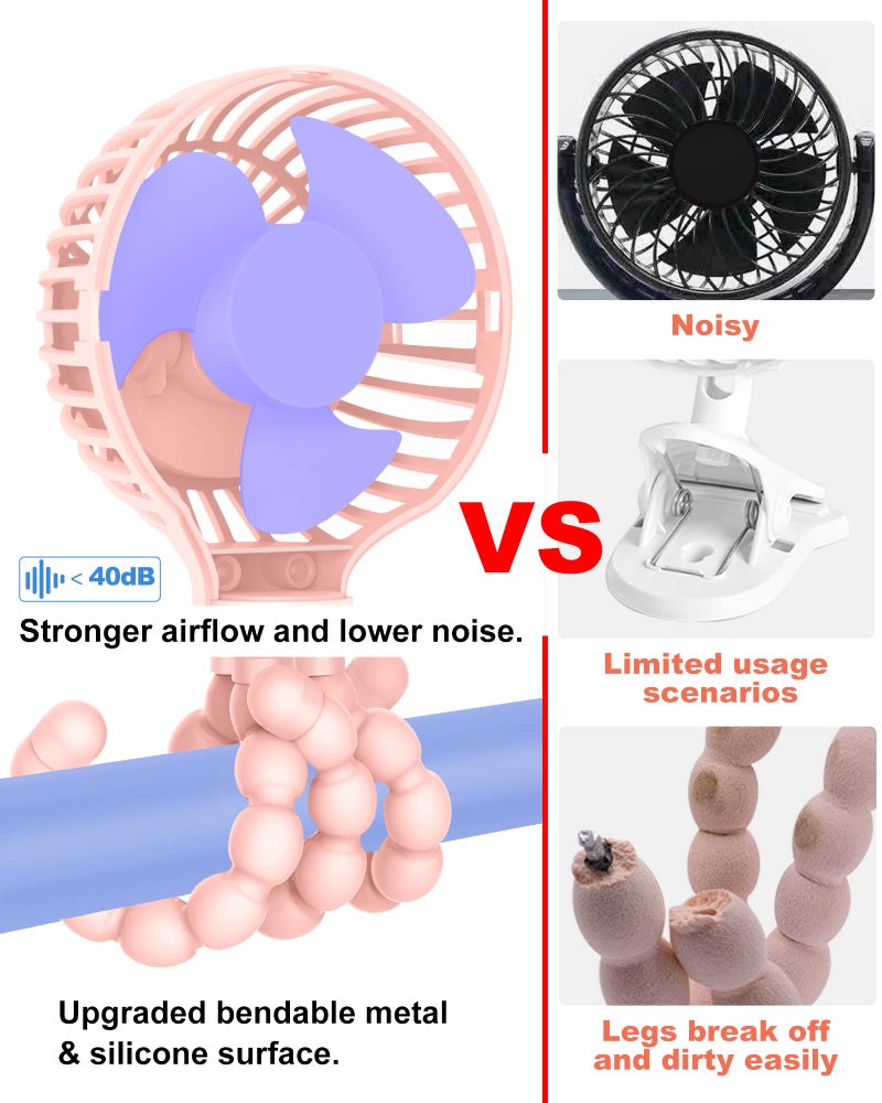 TRELC Mini Handheld Stroller Fan, Personal Portable Baby Rechargeable Fan With Flexible Tripod, Upgraded Version, Gift for Children Office Treadmill Room Car Traveling BBQ Gym (Pink) - Image 3