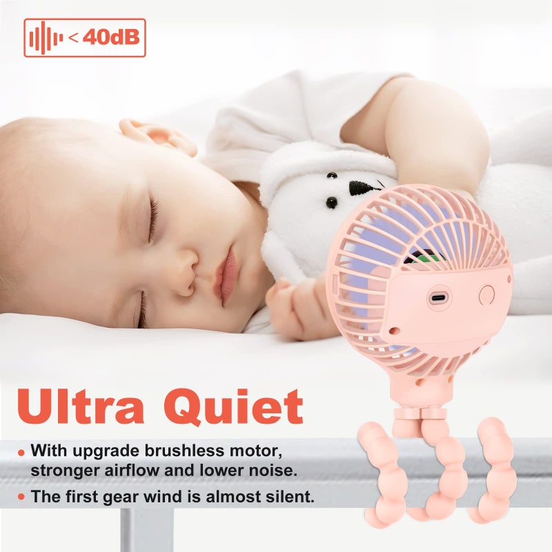 TRELC Mini Handheld Stroller Fan, Personal Portable Baby Rechargeable Fan With Flexible Tripod, Upgraded Version, Gift for Children Office Treadmill Room Car Traveling BBQ Gym (Pink) - Image 2