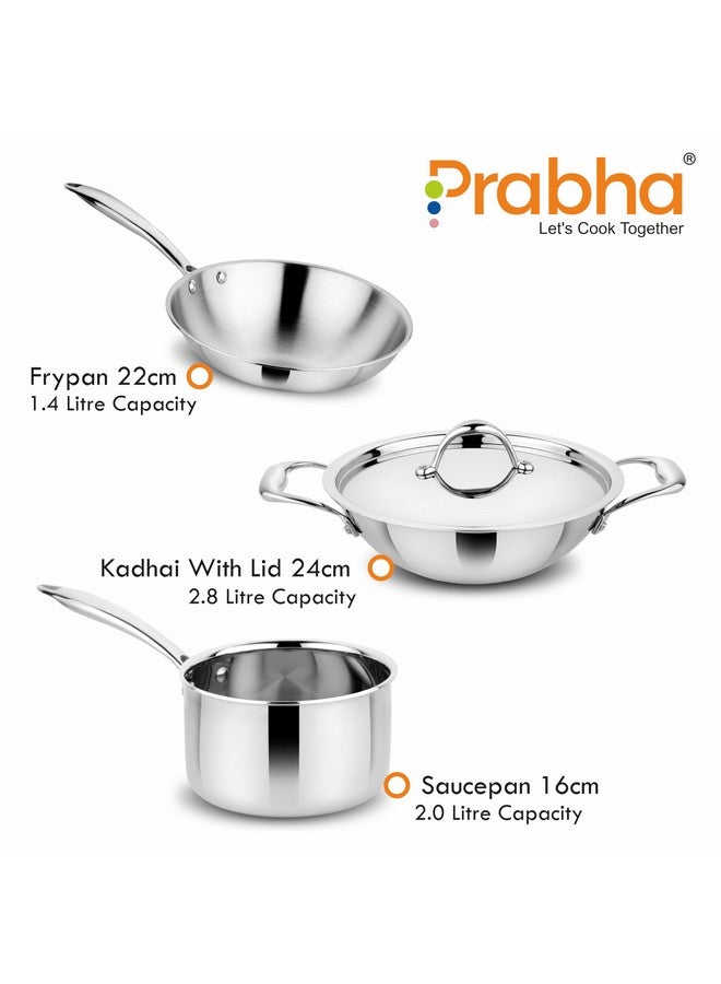 Prabha Tri-Ply Stainless Steel 4Pcs Cookware Set - Supeor Quality Combo for Modern Kitchens, Silver - Image 4