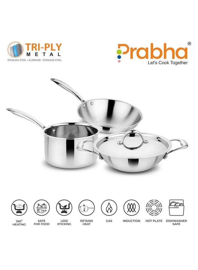 Prabha Tri-Ply Stainless Steel 4Pcs Cookware Set - Supeor Quality Combo for Modern Kitchens, Silver - Image 2