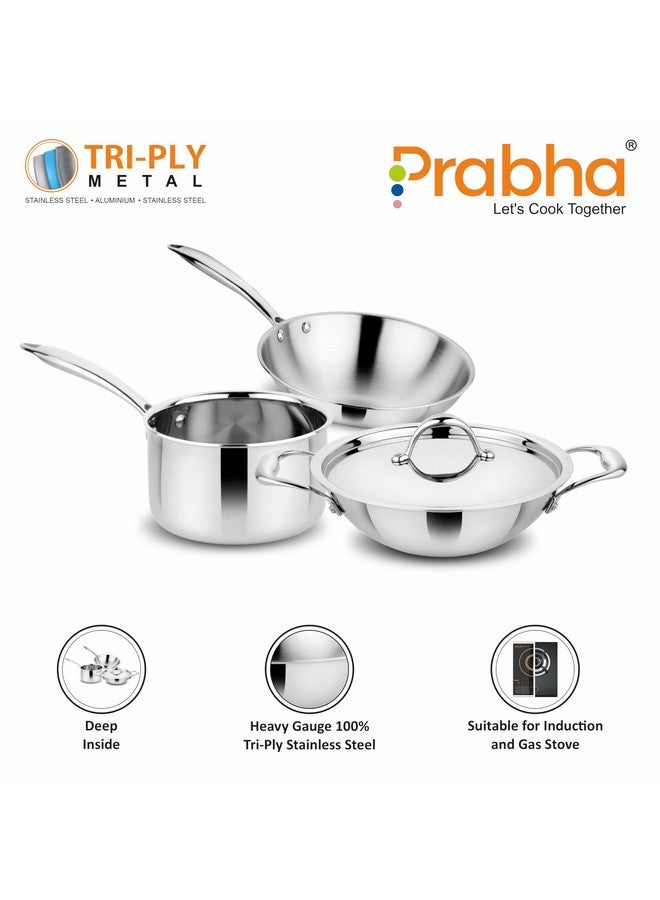 Prabha Tri-Ply Stainless Steel 4Pcs Cookware Set - Supeor Quality Combo for Modern Kitchens, Silver - Image 3