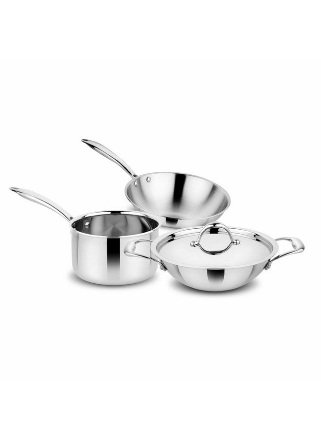 Prabha Tri-Ply Stainless Steel 4Pcs Cookware Set - Supeor Quality Combo for Modern Kitchens, Silver - Image 1