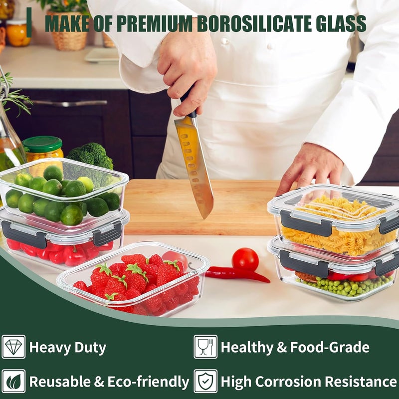CEKEE 5 Packs 36 oz Glass Food Storage Containers with Lids, Glass Meal Prep Containers, Airtight Glass Lunch Containers, BPA Free, Microwave, Freezer and Dishwasher Safe - Image 2