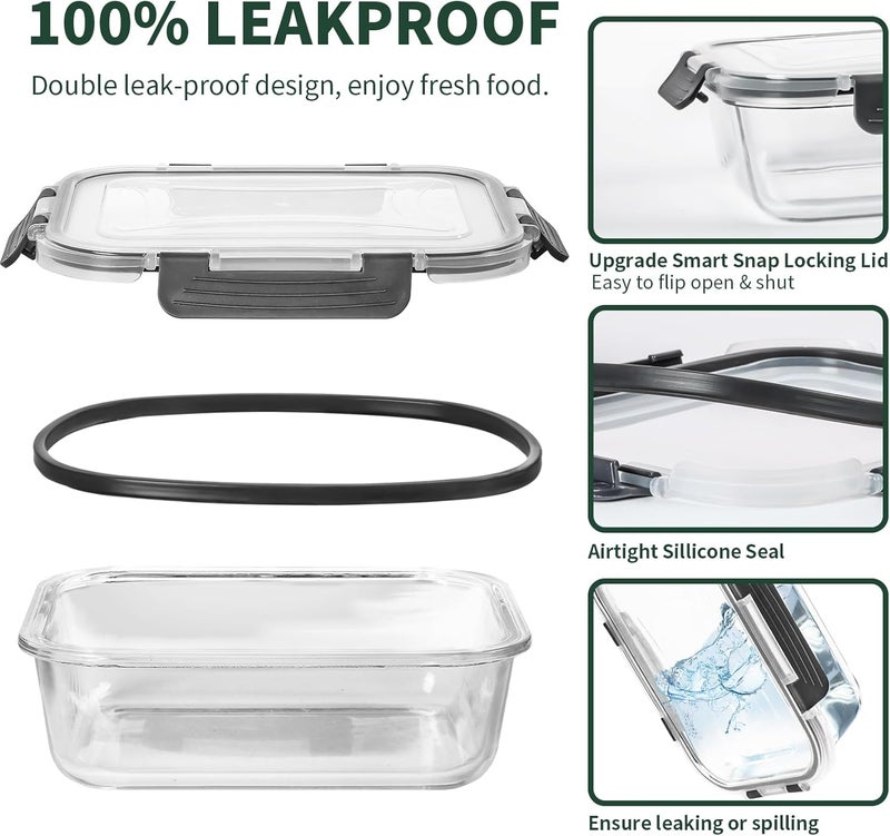 CEKEE 5 Packs 36 oz Glass Food Storage Containers with Lids, Glass Meal Prep Containers, Airtight Glass Lunch Containers, BPA Free, Microwave, Freezer and Dishwasher Safe - Image 3