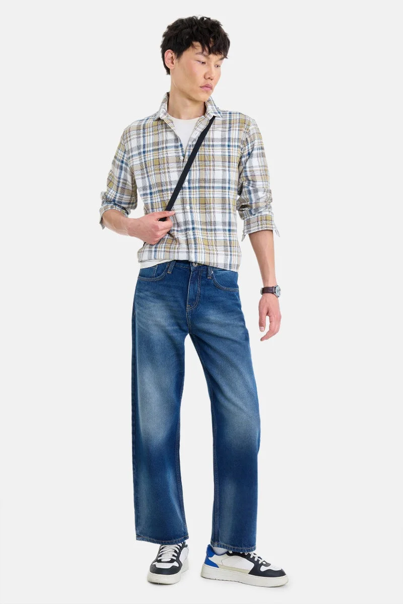 SNITCH Cream Checkered Long Sleeve Regular Fit Shirt