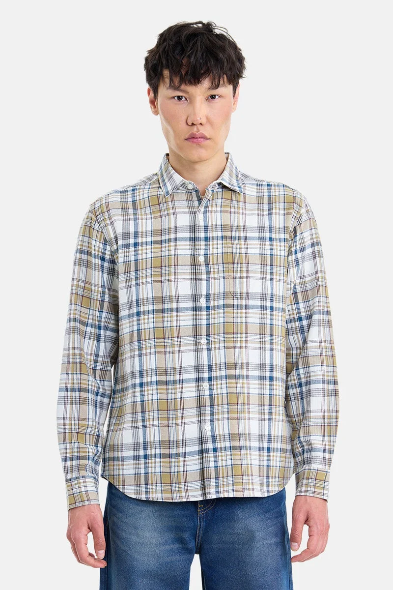 SNITCH Cream Checkered Long Sleeve Regular Fit Shirt