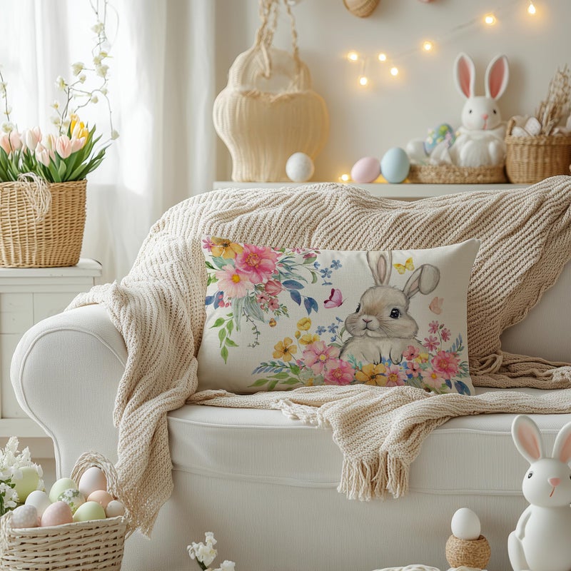 AACORS Easter Pillow Cover 12x20 Inch Bunny Flower Decorative Pillow Case Holiday Party Decorations for Home Sofa Couch - Image 2