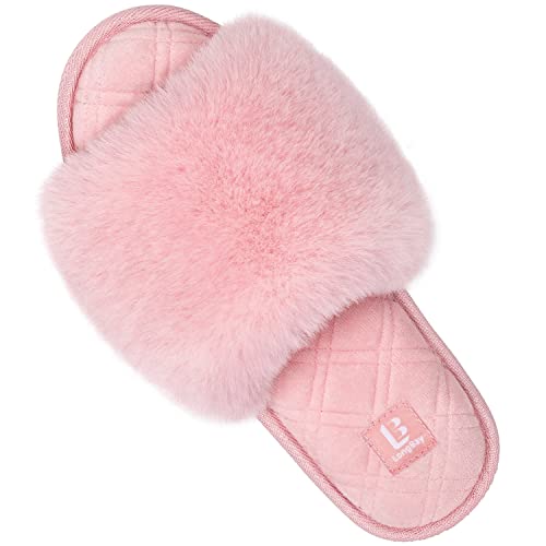 LongBay Women's Open Toe Slippers Fuzzy Fluffy Memory Foam Comfy Slip On Indoor Bedroom Home Slide (Medium / 7-8, Pink) - Image 1