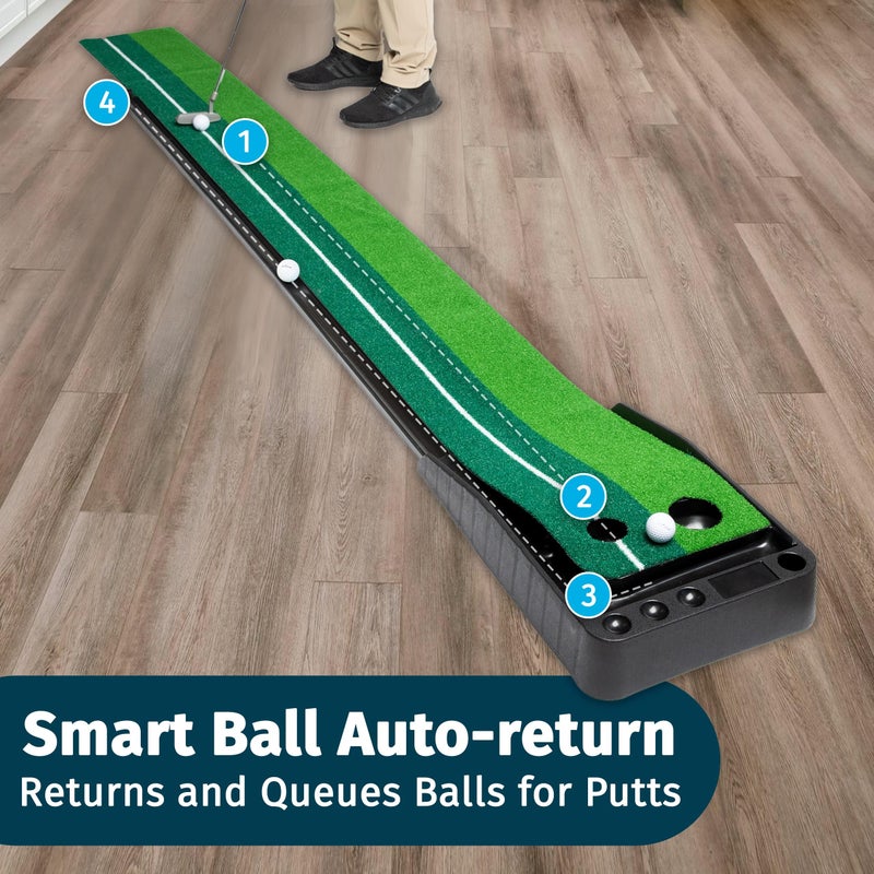 Abco Tech ساحة جولف داخلية من أبكو تكنولوجي - سجادة محمولة مع وظيفة إرجاع الكرة التلقائي - ساحة جولف داخلية مع إرجاع الكرة - أداة تدريب لممارسة الجولف المصغر - للاستخدام في المنزل والمكتب والخارج - 3 كرات إضافية - Image 4