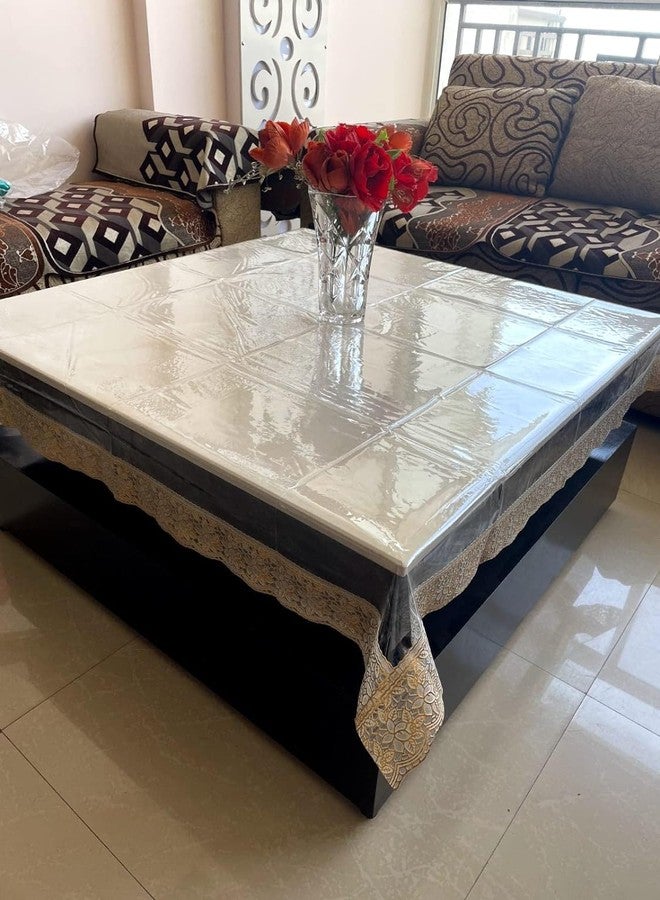 BLESS KRAFT Decor Waterproof PVC Plastic Clear 4 Seater Square Table Cover (Transparent, Golden Lace, 45 x45 Inch, Thickness 0.20mm) - Image 3