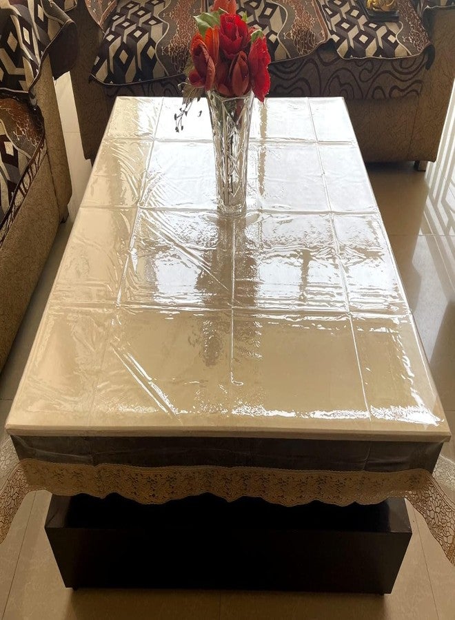 BLESS KRAFT Decor Waterproof PVC Plastic Clear 4 Seater Square Table Cover (Transparent, Golden Lace, 45 x45 Inch, Thickness 0.20mm) - Image 1