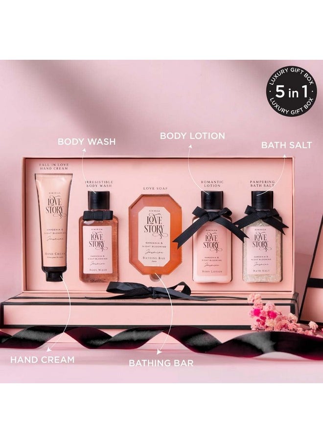 KIMIRICA - Love Story Luxury Bath And Body Care Gift Set Box | Bath Salt, Body Wash, Body Lotion, Bathing Bar And Hand Cream | Pack Of 5 | For Men And Women | Pampering Kit For Birthday ,Anniversary & All Special Occasions | Premium Gift Packaging 100% Vegan - Image 1