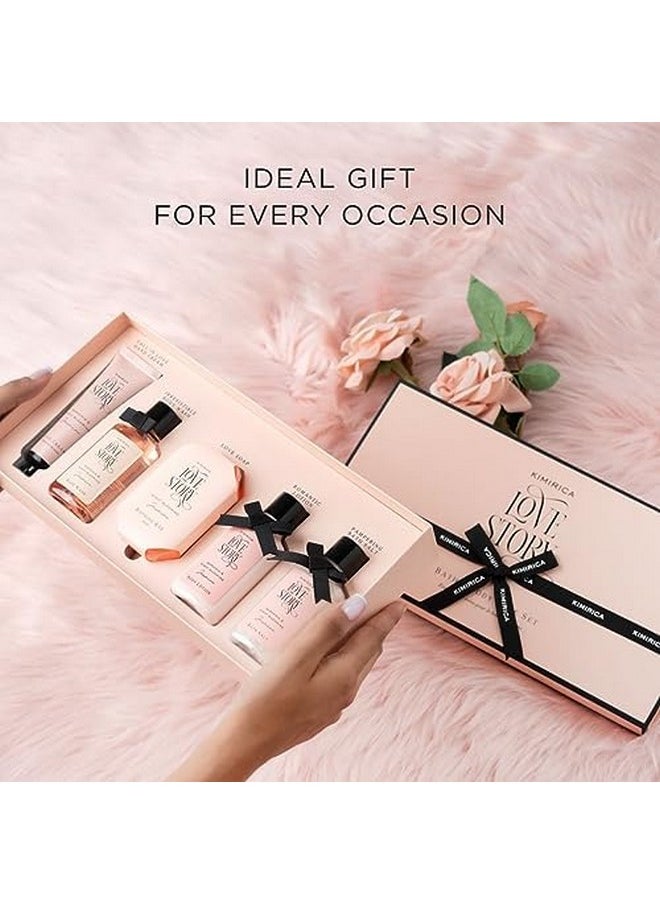 KIMIRICA - Love Story Luxury Bath And Body Care Gift Set Box | Bath Salt, Body Wash, Body Lotion, Bathing Bar And Hand Cream | Pack Of 5 | For Men And Women | Pampering Kit For Birthday ,Anniversary & All Special Occasions | Premium Gift Packaging 100% Vegan - Image 1