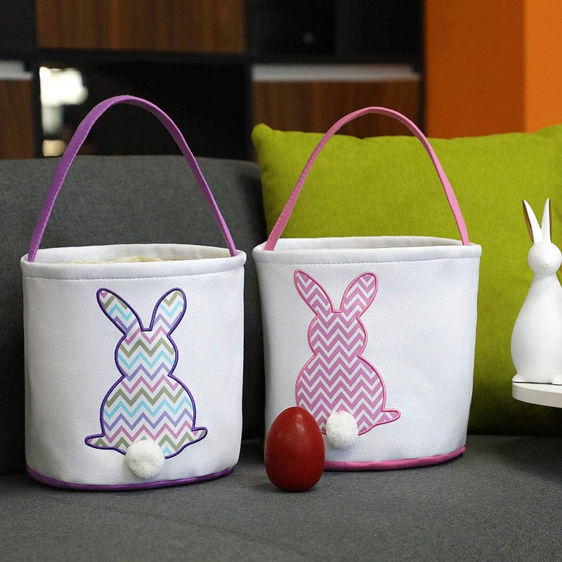 MONOBLANKS Easter Bunny Basket Bags, Rabbit Bucket Tote for Easter Egg Hunts Decorations Candy Gifts Storage (Purple(wave)) - Image 4
