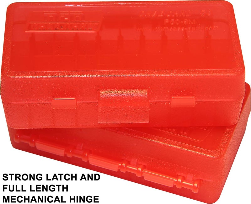 MTM P50-9M-29 Ammo Box 50 Round Flip-Top | Fits 380 ACP & 9MM Cal | Made of Polypropylene | Stackable, Snap Lock Latch | USA Made | Clear Red - Image 3