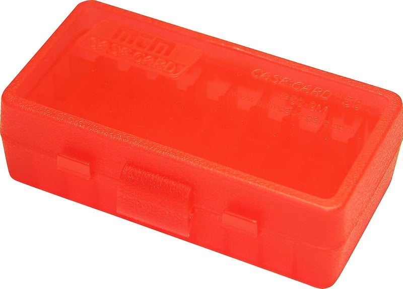 MTM P50-9M-29 Ammo Box 50 Round Flip-Top | Fits 380 ACP & 9MM Cal | Made of Polypropylene | Stackable, Snap Lock Latch | USA Made | Clear Red - Image 1
