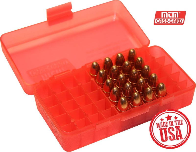 MTM P50-9M-29 Ammo Box 50 Round Flip-Top | Fits 380 ACP & 9MM Cal | Made of Polypropylene | Stackable, Snap Lock Latch | USA Made | Clear Red - Image 2