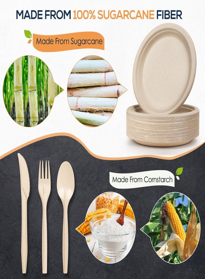 Gezond 250Pcs Disposable Paper Plates Set, Compostable Plate Sugarcane Utensils Eco Friendly Dinnerware Kit Includes 50 Biodegradable Plates, Forks, Knives and Spoons for Brithday Party Camping - Image 2