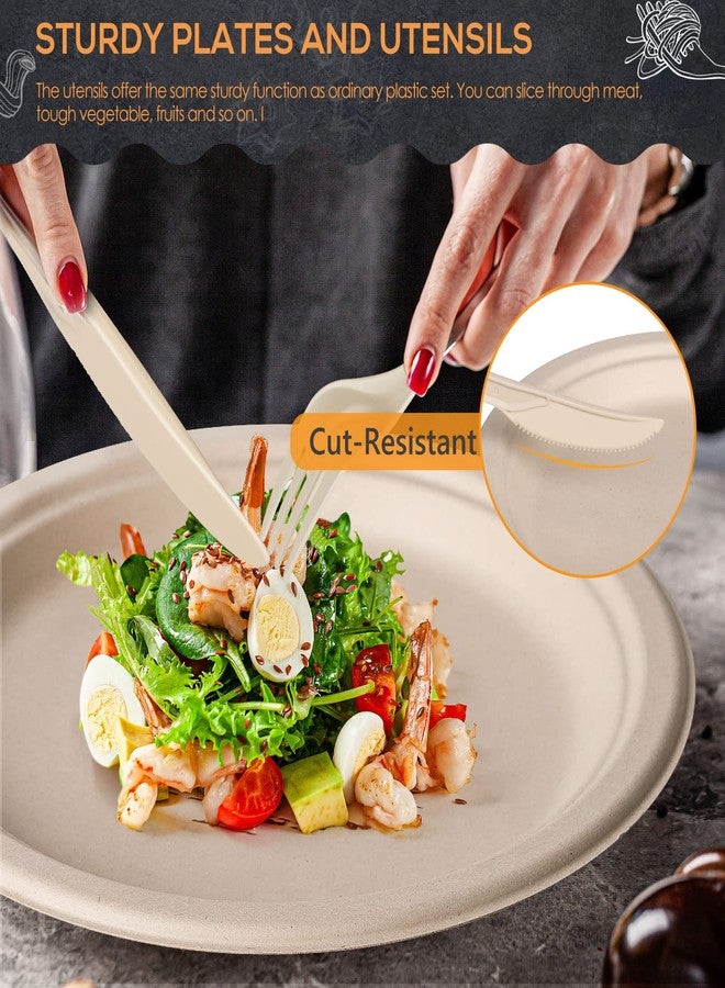 Gezond 250Pcs Disposable Paper Plates Set, Compostable Plate Sugarcane Utensils Eco Friendly Dinnerware Kit Includes 50 Biodegradable Plates, Forks, Knives and Spoons for Brithday Party Camping - Image 3