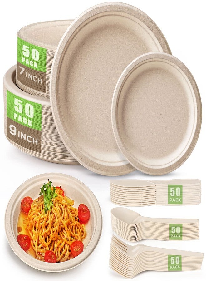 Gezond 250Pcs Disposable Paper Plates Set, Compostable Plate Sugarcane Utensils Eco Friendly Dinnerware Kit Includes 50 Biodegradable Plates, Forks, Knives and Spoons for Brithday Party Camping - Image 1