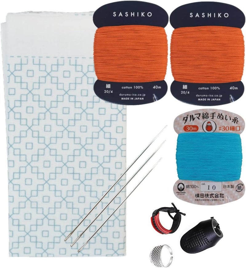 Daruma Hitomezashi Sashiko Kit – Premium Japanese Made Needle and Thread Kit with Sashiko Fukin, Thread, Needles, Thimble – Ready to Use Set (Dahlia) - Image 1