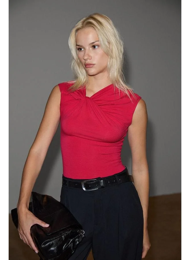 GRIMELANGE ORILENNA Women's Front Knot Detailed Body-Hugging Sleeveless Slim Fit Fuchsia Blouse.