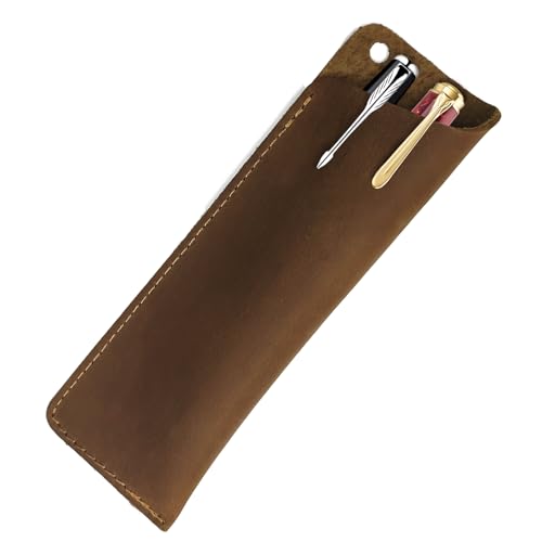 XQIGI Genuine Leather Pen Case Holder, Handmade Double Pen Case Fountain, Pencils Protective Sleeve Large Pens Pouch Cover (Bourbon Brown) - Image 1
