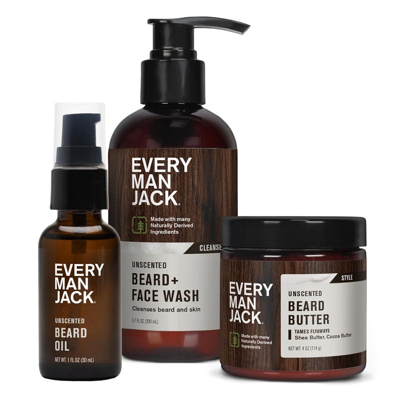 Every Man Jack Unscented Beard Bundle  Fragrance Free for Sensitive Skin  Contains 1 each of Beard  Face Wash Beard Butter and Beard Oil