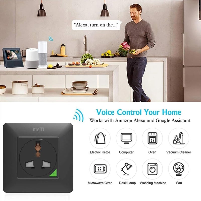 melfi Smart Home Wifi Wall Switch Socket 16A – Universal Plug, Tuya SmartLife App Control, Alexa & Google Home Compatible, Take Full Control With Scheduling, Timing & App-based Monitoring (Black) - Image 2