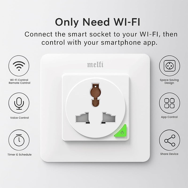 melfi Smart Home Wifi Wall Switch Socket 16A – Universal Plug, Tuya SmartLife App Control, Alexa & Google Home Compatible, Take Full Control With Scheduling, Timing & App-based Monitoring (Black) - Image 5